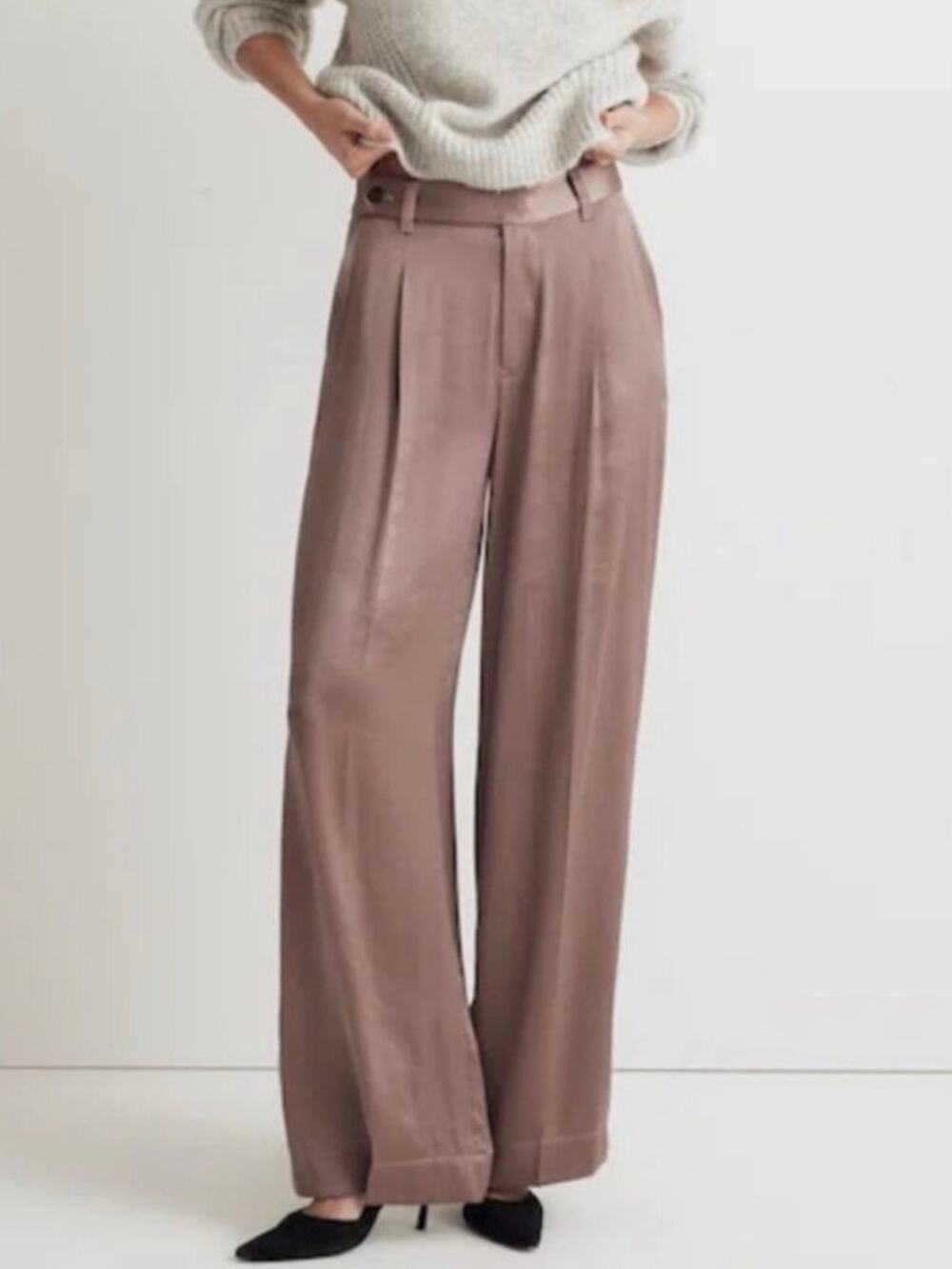 Madewell The Harlow Wide-Leg Pant in Satin Iced Mocha Brown 14 NWT NO380